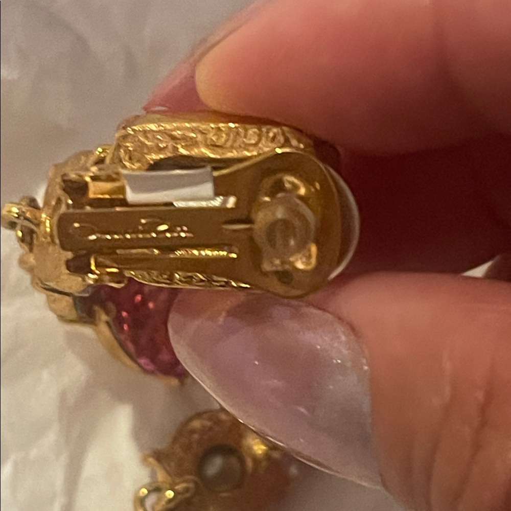Gold-Tone Drop Earrings with Pink and Fuchsia Gemstones - Picture 2 of 4